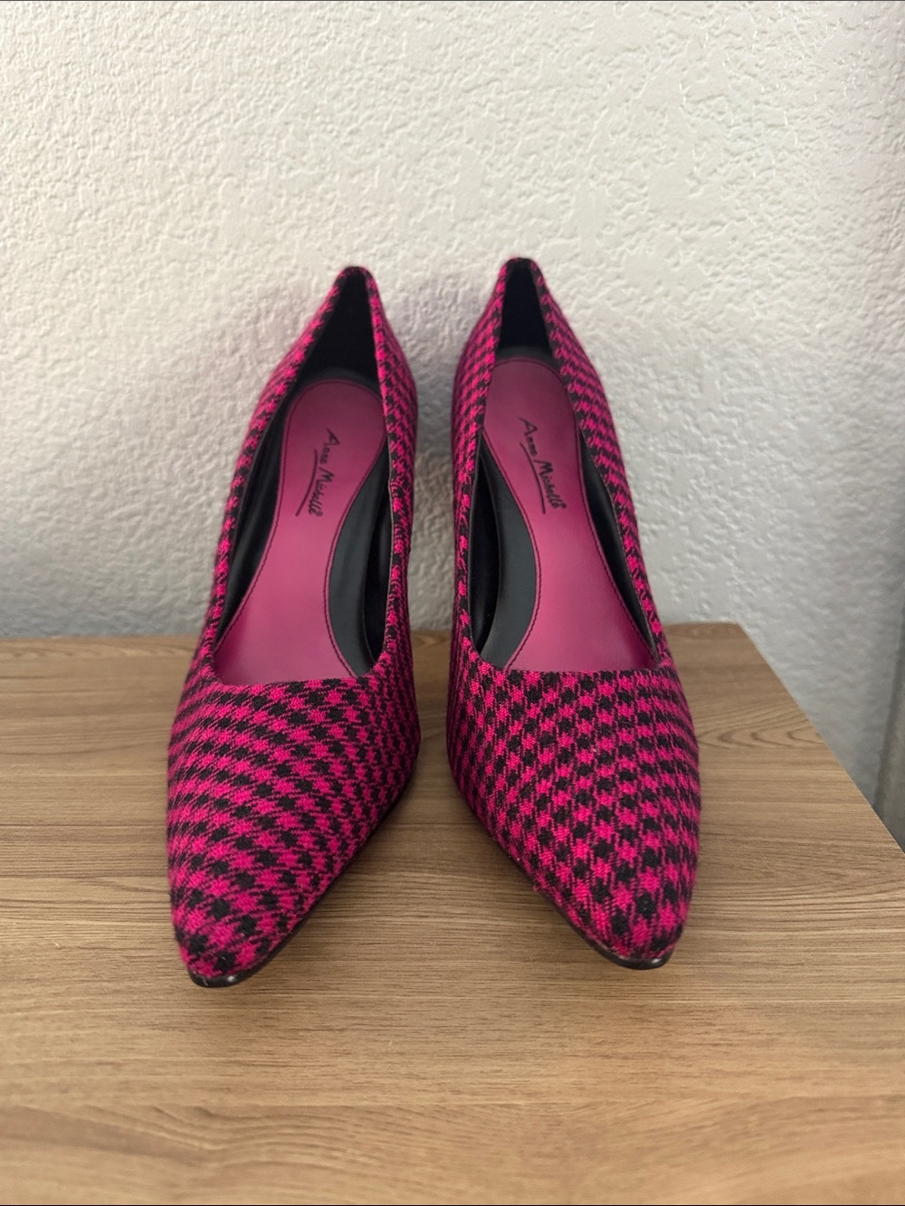 Anne Michelle Hot Pink and Black Houndstooth Pointed-Toe Pumps